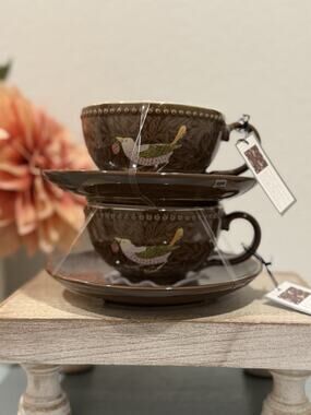 Morris & Co. Strawberry Thief Espresso Brown Floral Tea Cup & Saucer Set Of 2